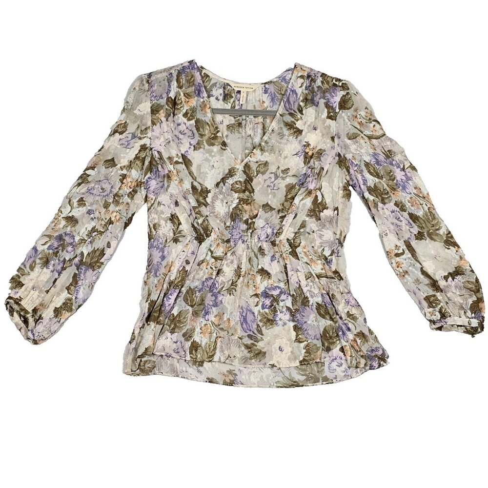 Rebecca Taylor Size 2 XS Blouse Silk Cotton Floral Penelope Top Gathered Waist